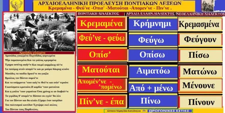 Λέξεις και φράσεις τη ποντιακής διαλέκτου με αρχαιοελληνικές ρίζες Κρεμαμένα - Φεύ'νε -Οπισ' -Ματούται -Απομεν'νε - Πιν'νε .