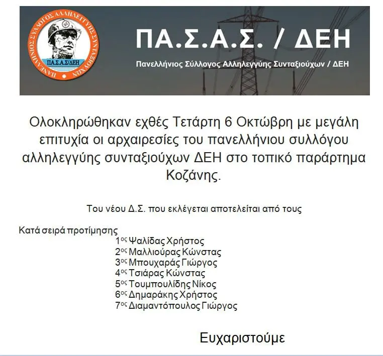 Ολοκληρώθηκαν εχθές Τετάρτη 6 Οκτώβρη με μεγάλη επιτυχία οι αρχαιρεσίες του πανελλήνιου συλλόγου αλληλεγγύης συνταξιούχων ΔΕΗ στο τοπικό παράρτημα Κοζάνης.