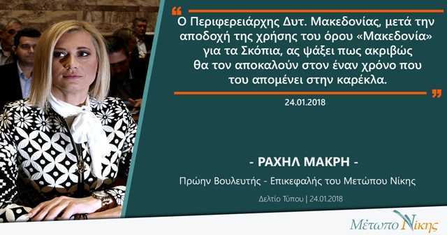 Eordaialive.com - Τα Νέα της Πτολεμαΐδας, Εορδαίας, Κοζάνης Ραχήλ Μακρή: «Ο Περιφερειάρχης Δυτ. Μακεδονίας, μετά την αποδοχή της χρήσης του όρου «Μακεδονία» για τα Σκόπια, ας ψάξει πως ακριβώς θα τον αποκαλούν στον έναν χρόνο που του απομένει στην καρέκλα»