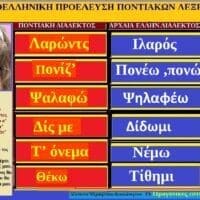ΛΕΞΕΙΣ ΚΑΙ ΦΡΑΣΕΙΣ ΤΗΣ ΠΟΝΤΙΑΚΗΣ ΔΙΑΛΕΚΤΟΥ ΜΕ ΡΙΖΕΣ ΑΠΟ ΤΗΝ ΑΡΧΑΙΟΕΛΛΗΝΙΚΗ ΔΙΑΛΕΚΤΟ (VIDEO )1. Λαρώντς 2 . Πονίζ’. 3. Ψαλαφώ 4. Δις με 5. Τ’ όνεμα 6. Θέκω - Eordaialive.com