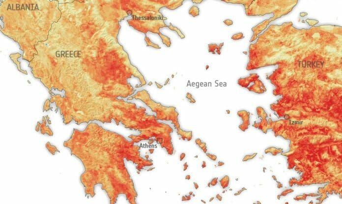 EOΔ: Πάνω από 50 βαθμούς η θερμοκρασία στην επιφάνεια σε πολλά μέρη της Ελλάδας στις 30 Ιουνίου