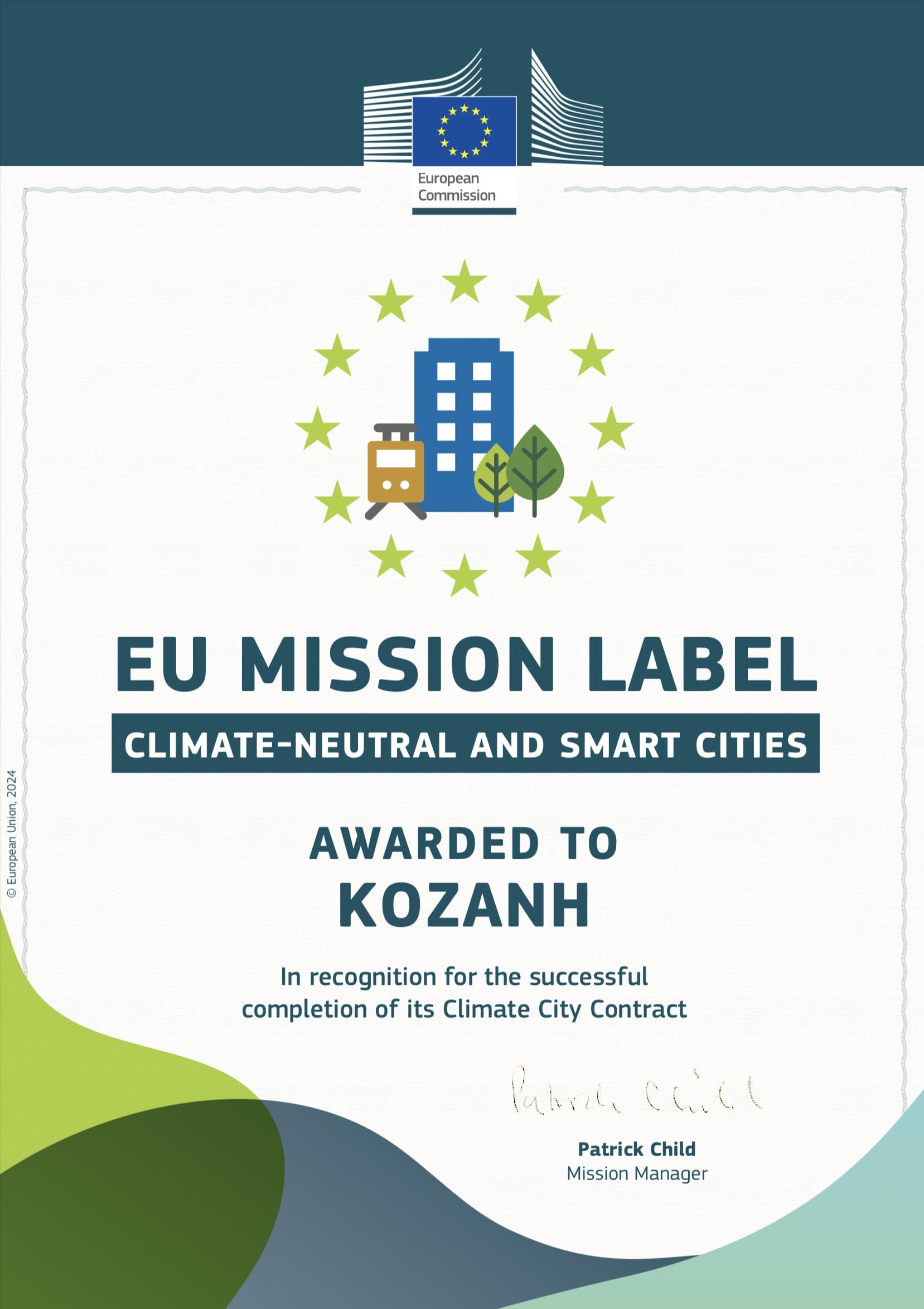 «Ενότητα» - Εγκρίθηκε το CCC (Climate City Contract) και η Κοζάνη λαμβάνει το label  της Αποστολής των 100 κλιματικά ουδέτερων και έξυπνων πόλεων έως το 2030.
