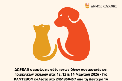 Δήμος Κοζάνης: ΔΩΡΕΑΝ στειρώσεις αδέσποτων ζώων συντροφιάς και ποιμενικών σκύλων στις 12, 13 & 14 Μαρτίου 2026 - Για ΡΑΝΤΕΒΟΥ καλέστε στο 2461350457 από τη Δευτέρα 16 Φεβρουαρίου 2026 έως την Παρασκευή 6 Μαρτίου 2026 και ώρα 14:00 το μεσημέρι, το αργότερο