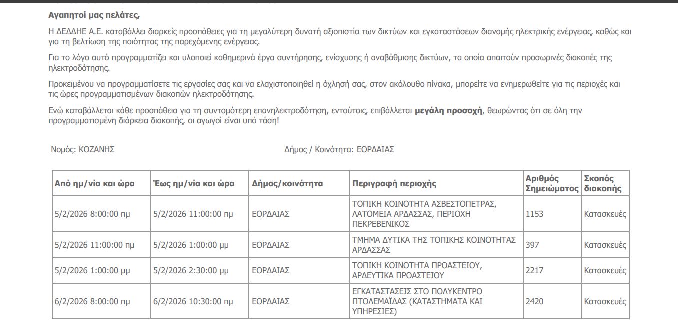 ΔΕΔΔΗΕ: Προγραμματισμένες διακοπές ρεύματος σε περιοχές της Εορδαίας την Πέμπτη 5 και την Παρασκευή 6 Φεβρουαρίου - Eordaialive.com