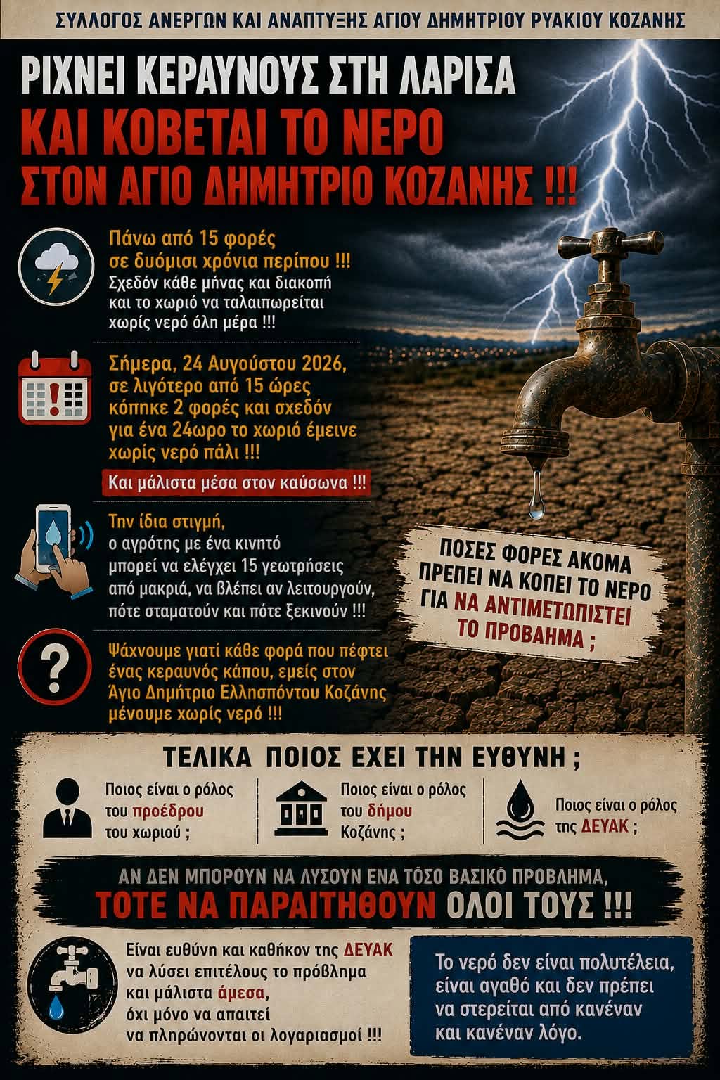 Σύλλογος Ανέργων και Ανάπτυξης Αγίου Δημητρίου Ρυακίου Κοζάνης - Ρίχνει κεραυνούς στη Λάρισα και κόβεται το νερό στον Άγιο Δημήτριο Κοζάνης !!!